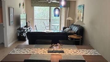 Smart TV, DVD player, books, music library