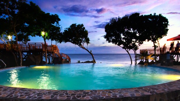 A pool with a stone border, surrounded by trees and overlooking the ocean. - Parklane Bohol Resort and Spa (Anda)