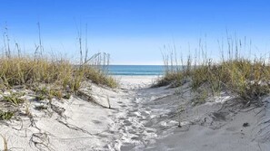 A sandy beach path leading to the ocean, surrounded by grass and dunes. - Breezeway-Gulf Front Home Sleeps 9 (Navarre)