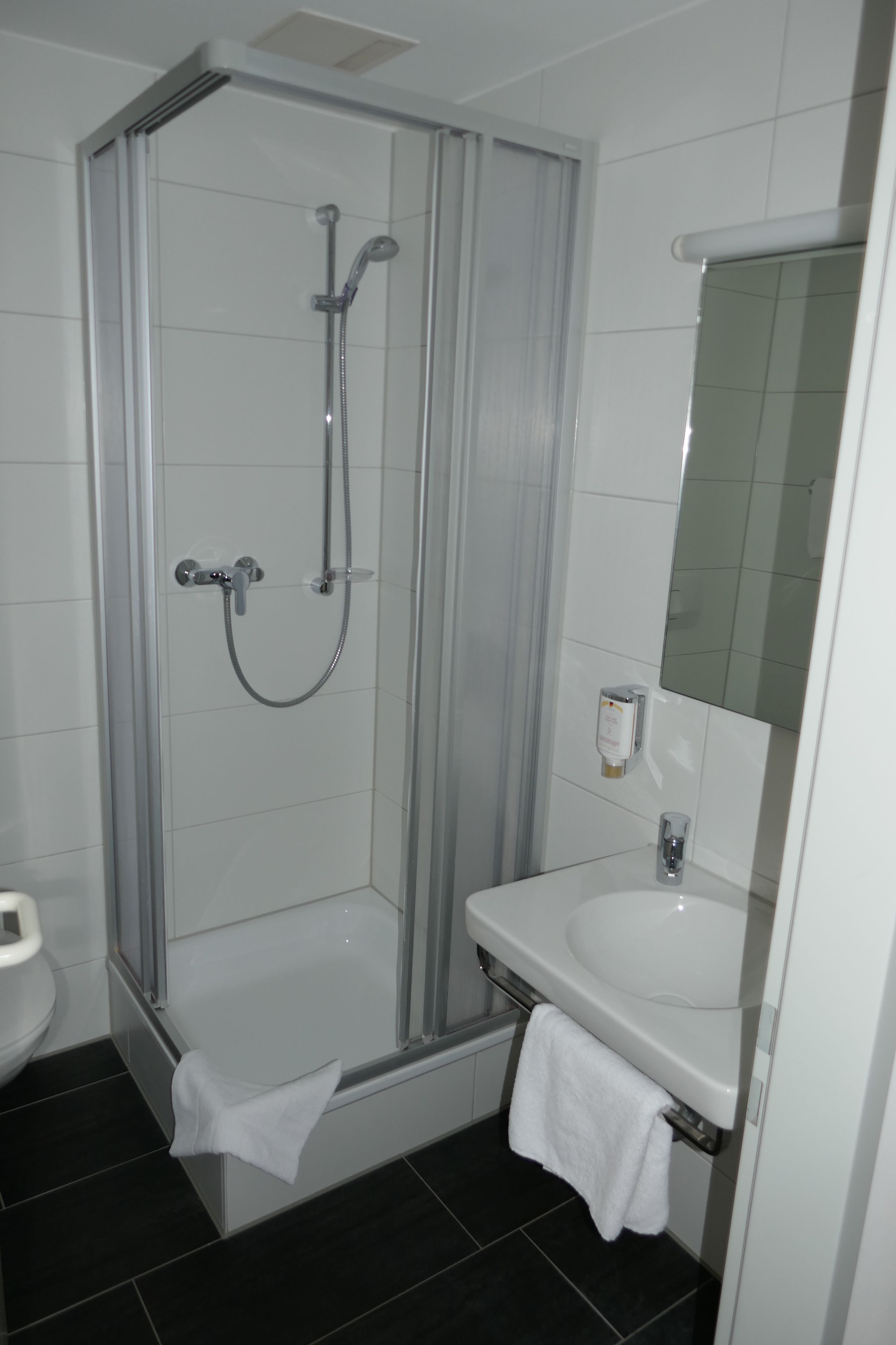 A bathroom with a glass-enclosed shower, a white sink, and a mirror.