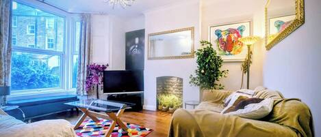 TV connectée, cheminée, livres, médiathèque