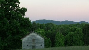 A rustic wooden cabin surrounded by dense forest and hills in the background. - Wolf Creek Farm ~ For a 'Howling' Good Time! (Ararat)