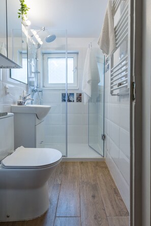 Dusche, Haartrockner, Handtücher, Seife