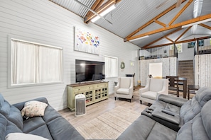 Smart TV, fireplace, video games, DVD player
