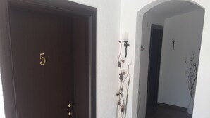 A dark wooden door with the number 5, a white wall with a decorative plant, and a hallway leading to another room. - Montenegro central point (Podgorica)