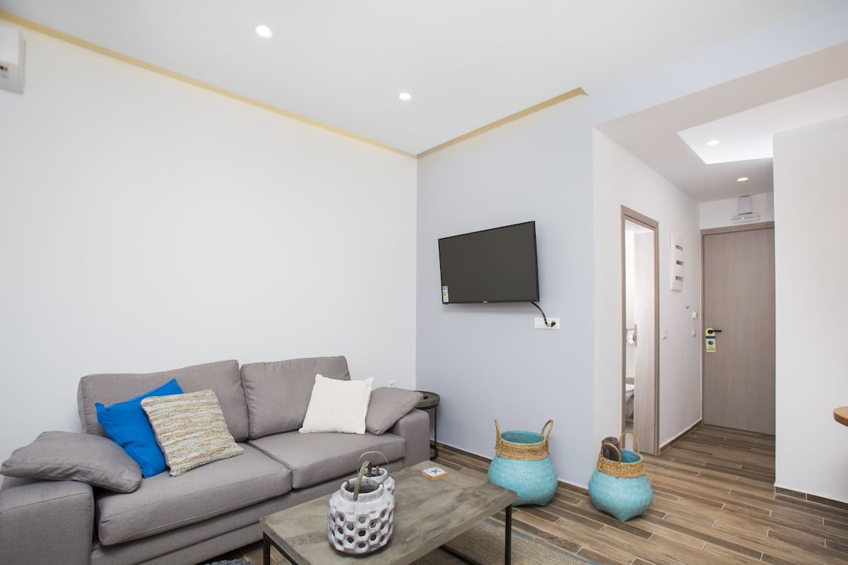 A modern living room with a grey sofa, a flat-screen TV mounted on the wall, and a wooden floor.