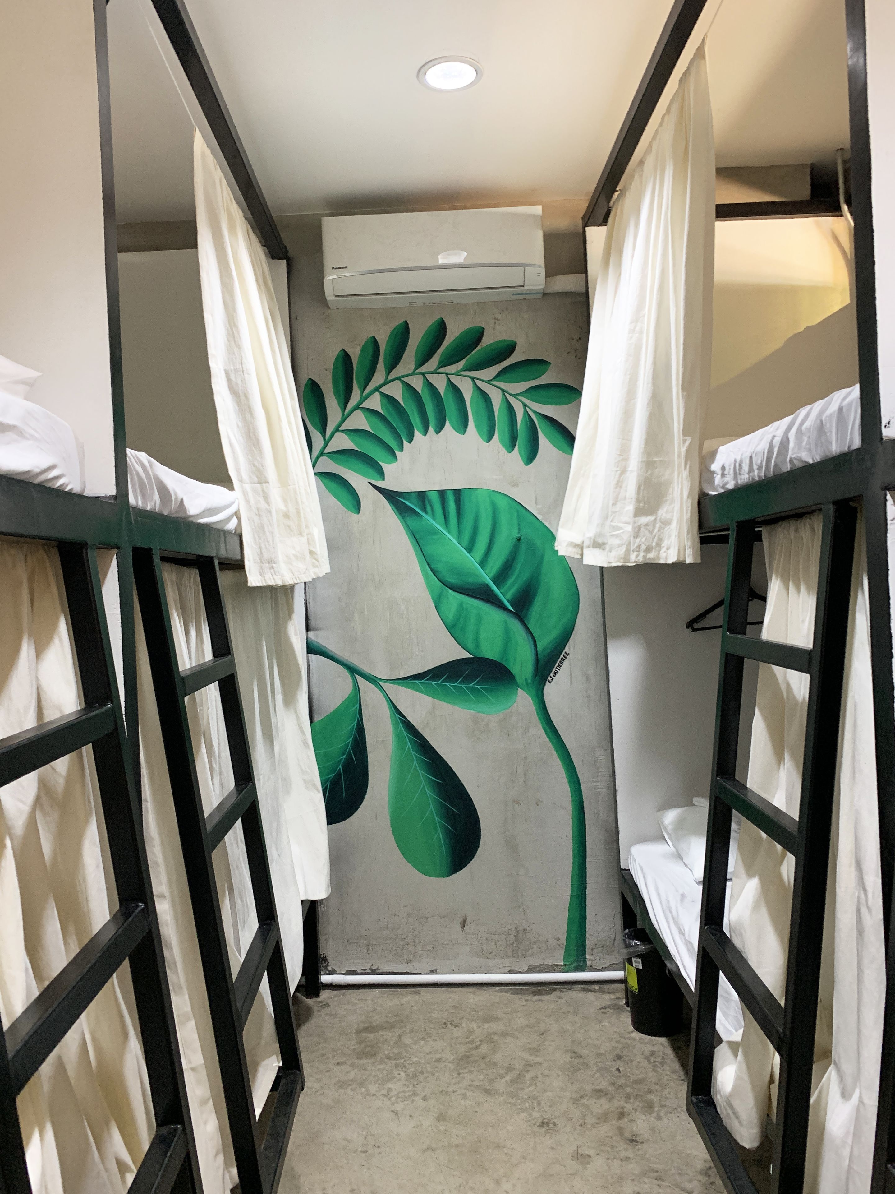 A narrow corridor with bunk beds on either side, a ceiling-mounted air conditioner, and a wall with a large green leaf mural.