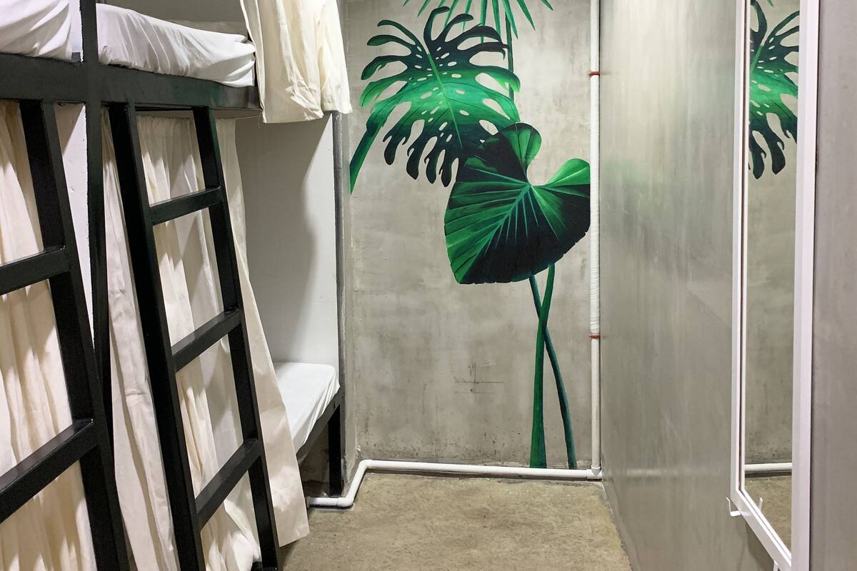 A bunk bed room with a ceiling fan, a large mirror, and a wall with a tropical leaf mural.