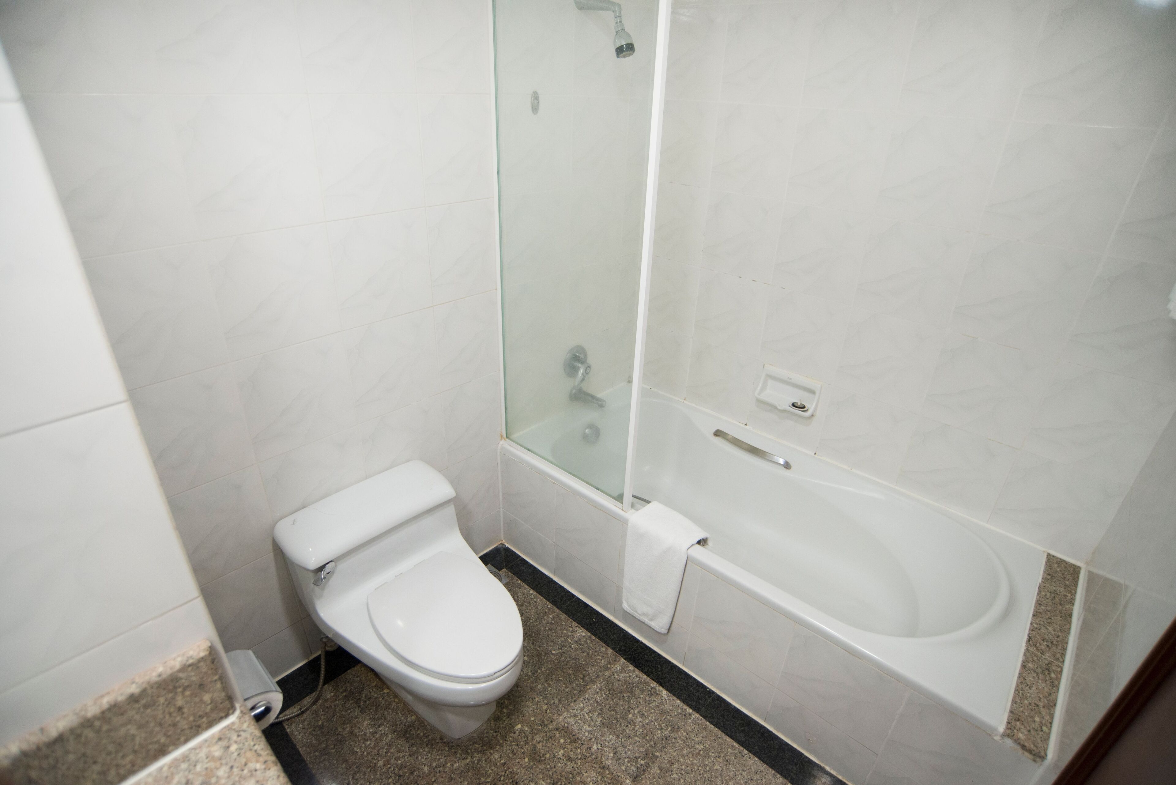 A bathroom with a toilet, a glass-enclosed shower, and a bathtub.