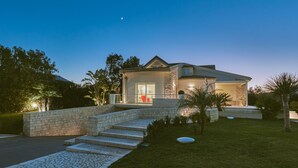 Una casa moderna con una escalera de piedra que conduce a una puerta de vidrio, rodeada de un césped cuidado y palmeras.
