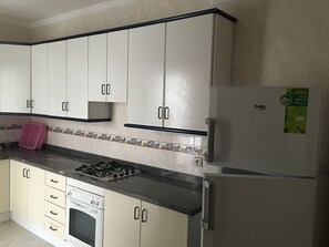 Appartement, 2 slaapkamers, uitzicht op tuin | Privékeuken | Een koelkast met diepvriezer, een oven, een kookplaat