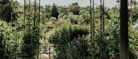 Un espace extérieur aménagé en jardin, avec une arche en métal portant l’inscription « Sparkling Park 2012 », un banc et un lampadaire.
