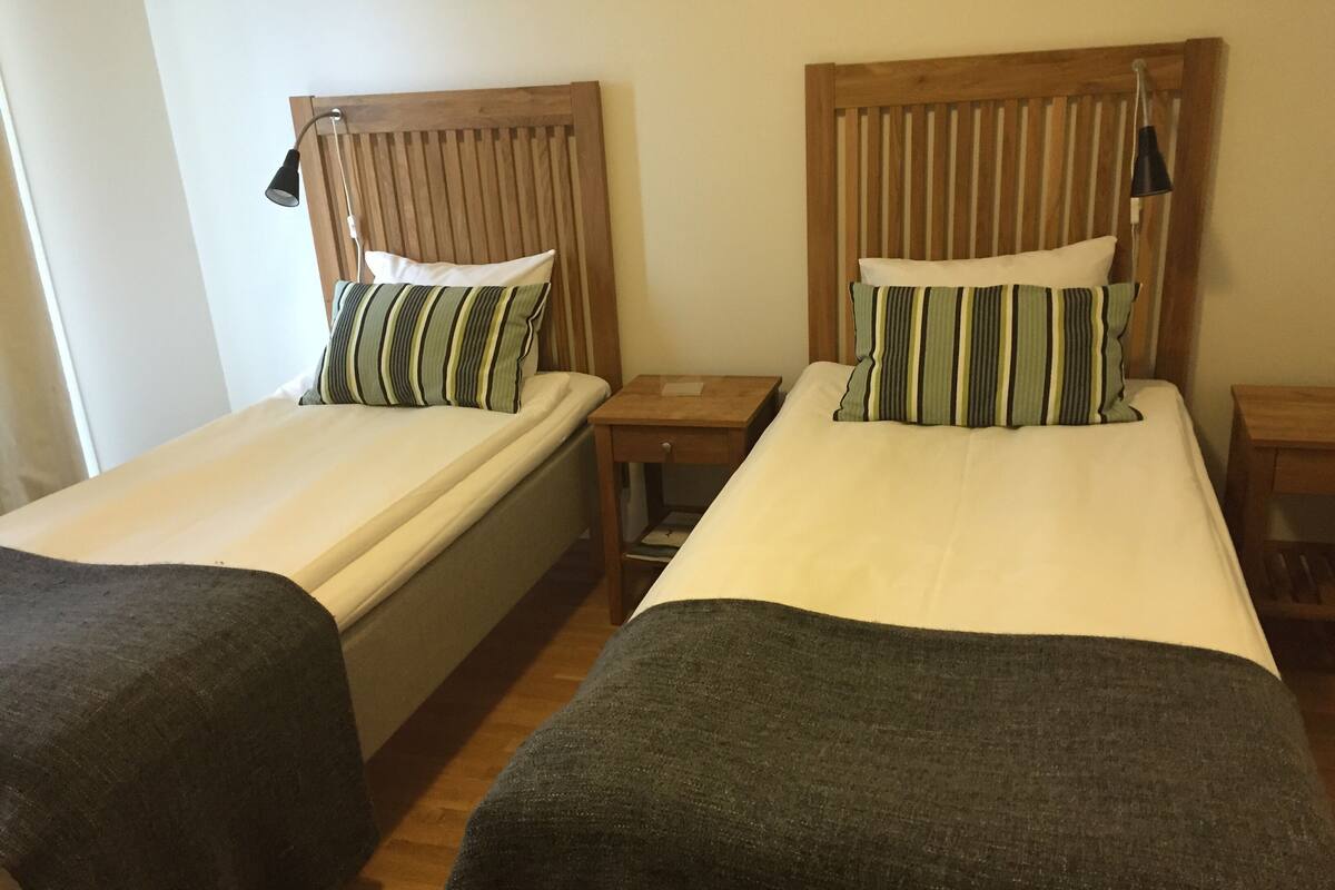 Two single beds with wooden headboards, a nightstand between them, and a small table.