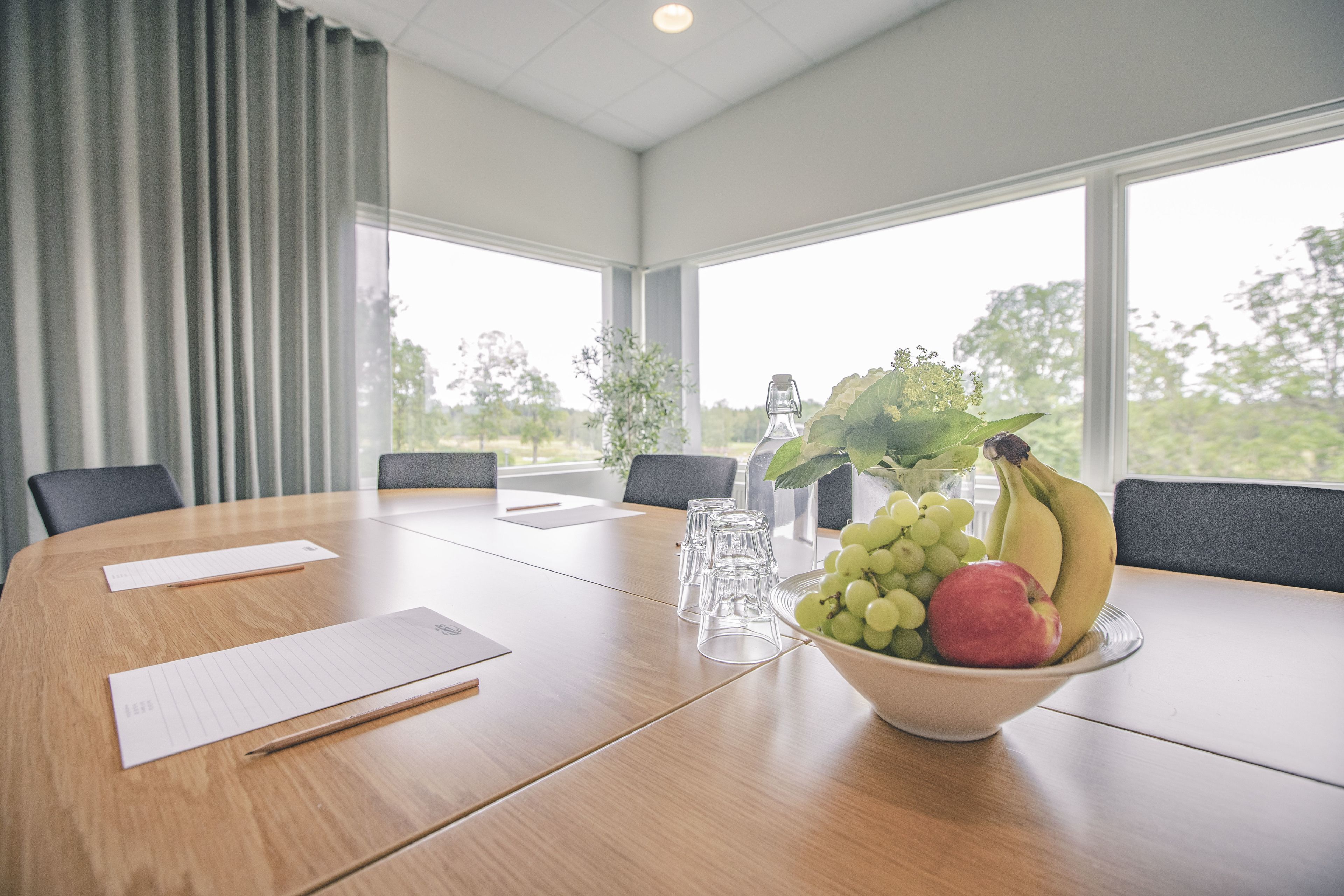 A conference room with a wooden table, meeting materials, a bowl of fruit, and large windows with a view of greenery.