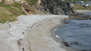 A pebble beach with a rocky cliff and houses in the background.