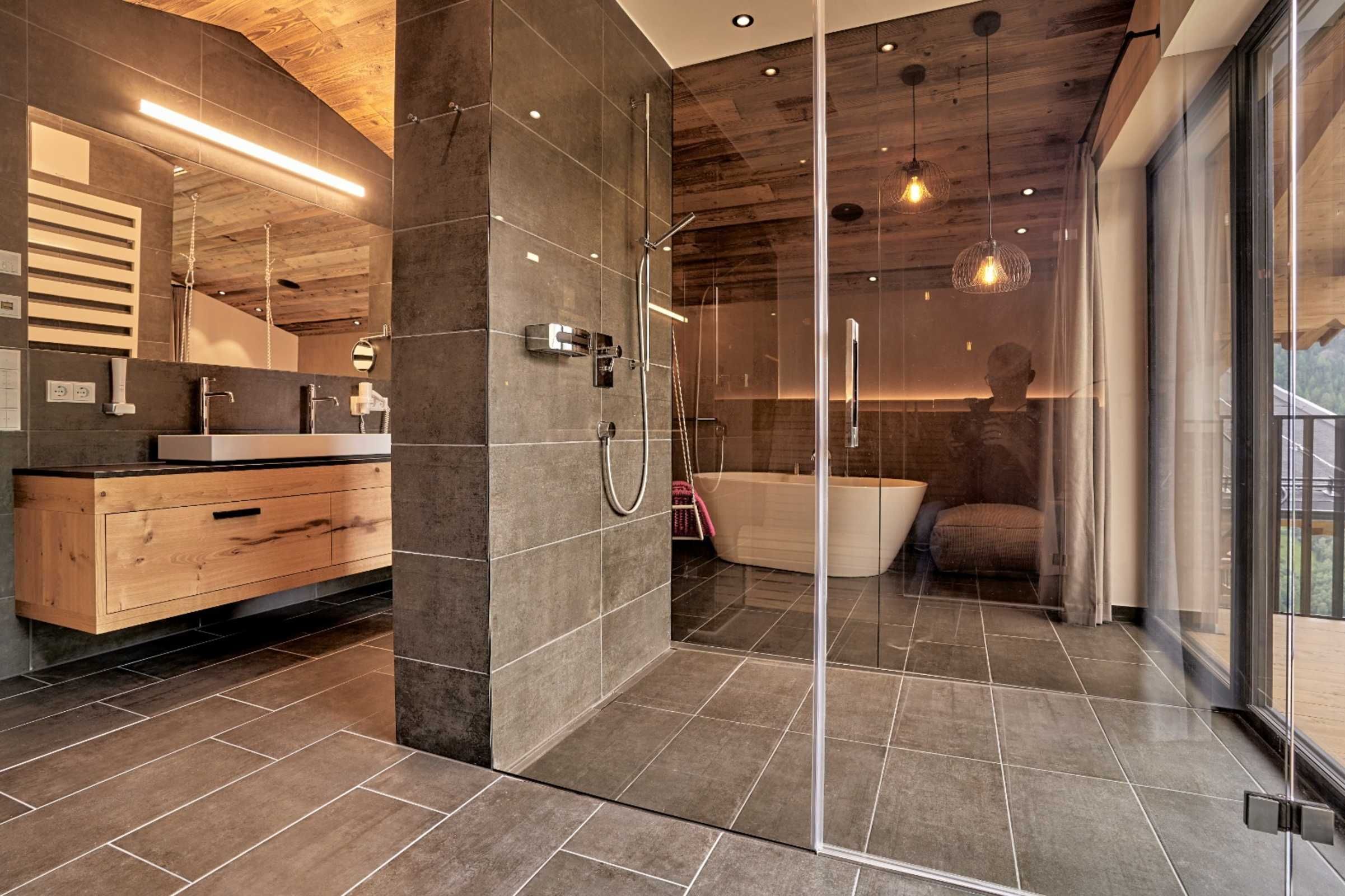 Shower, rainfall showerhead, hair dryer, slippers
