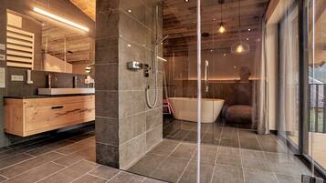 Shower, rainfall showerhead, hair dryer, slippers