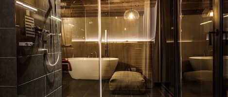 Shower, rainfall showerhead, hair dryer, slippers