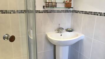 A bathroom with a glass shower door, a white sink with a soap dish, and a mirror above the sink.