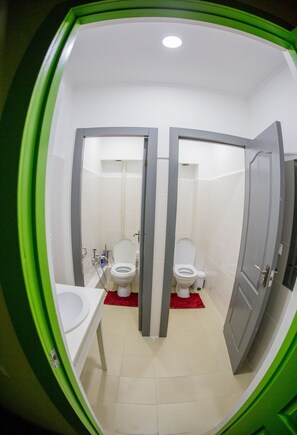 Ein Badezimmer mit zwei Toiletten, einem Waschbecken und einer Dusche.