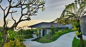 Stroll through the lush garden, surrounded by tropical plants and a serene pathway leading to a contemporary home with a dark roof.