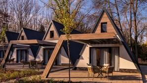 A row of modern, triangular-roofed cabins with outdoor seating areas and a garden in the foreground. - Donautica Hotel & Restaurant (Fadd)