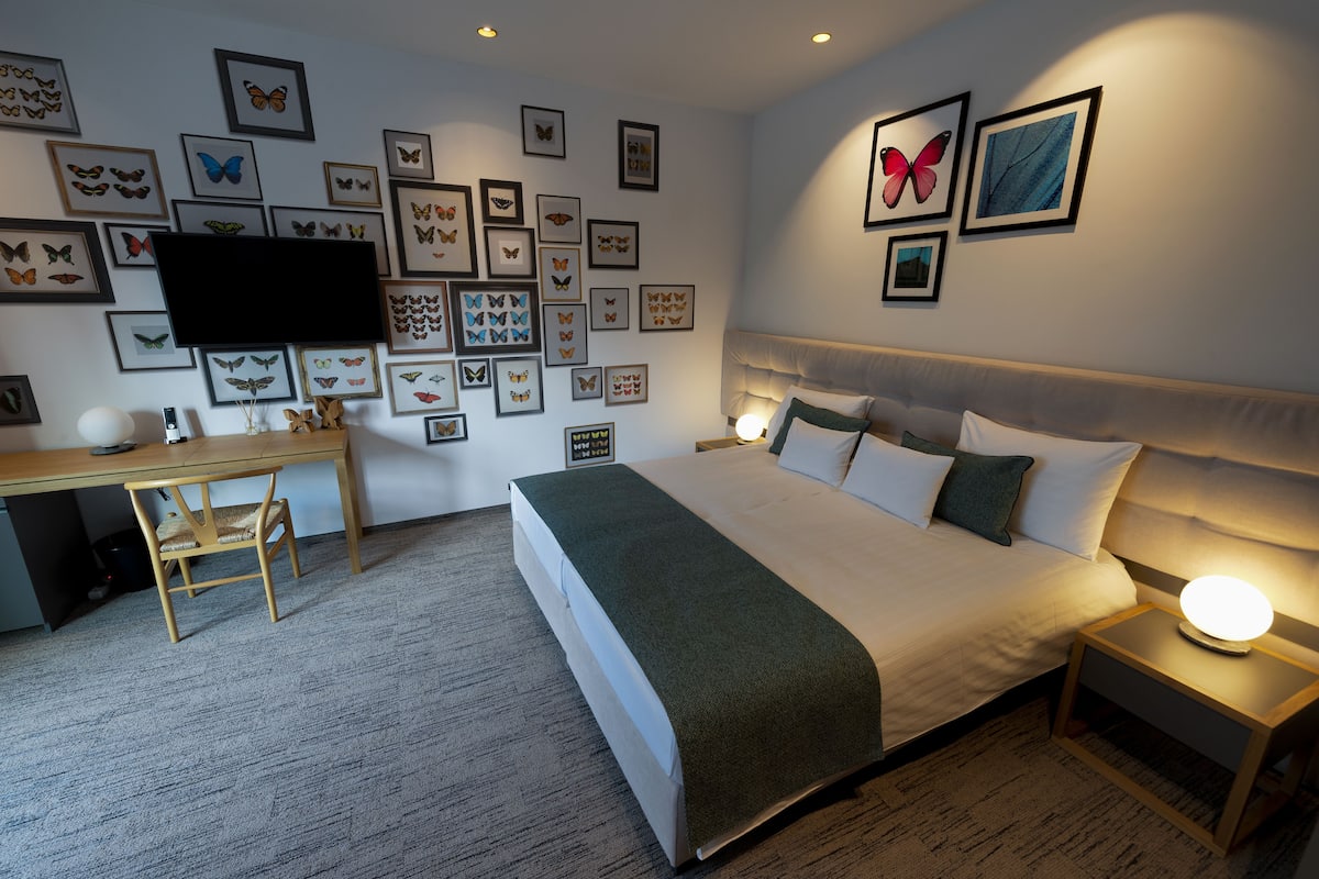 A hotel room with a bed, desk, chair, and wall-mounted TV.