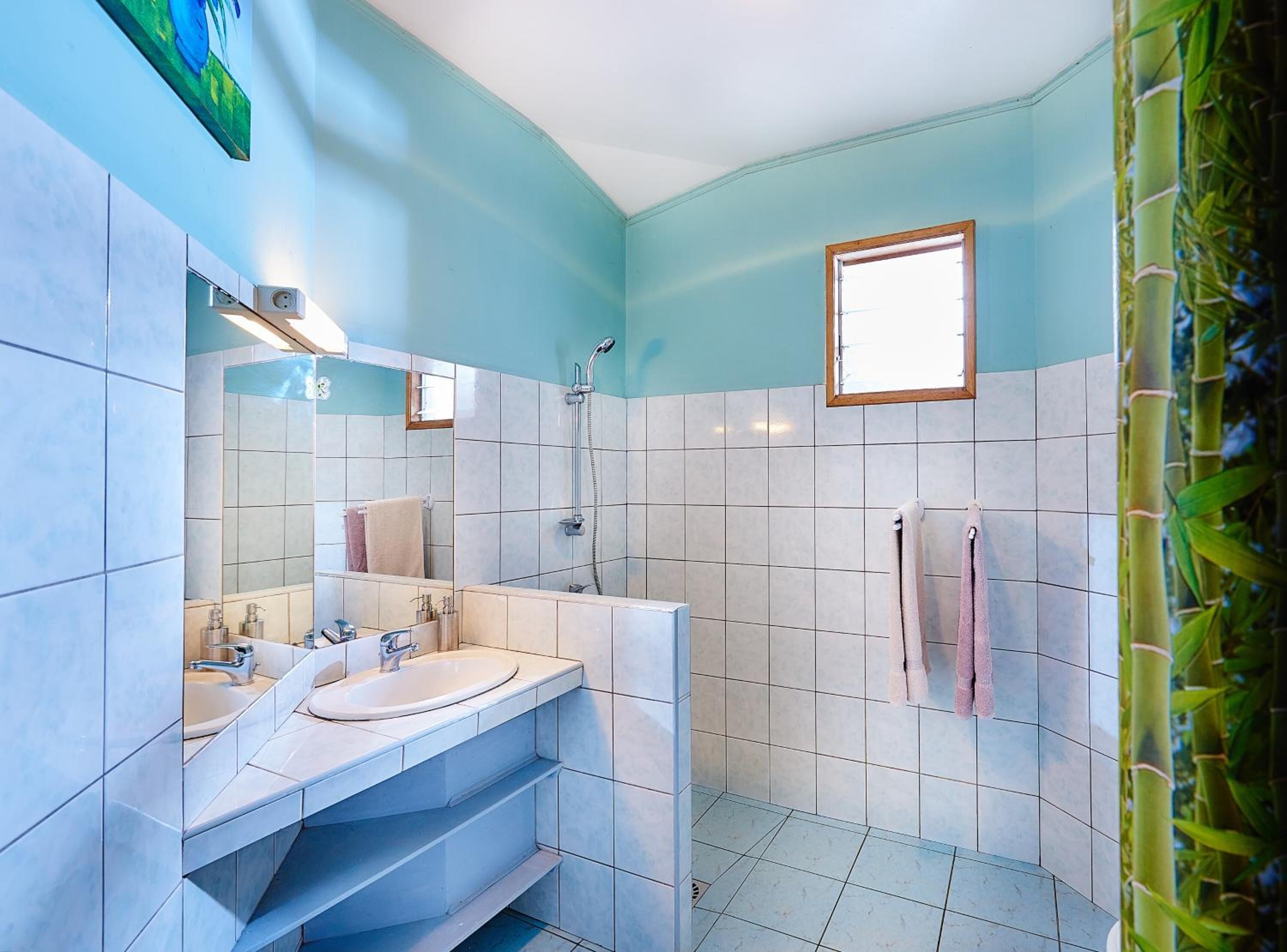 A bathroom with a large mirror, two sinks, a shower, and a window.