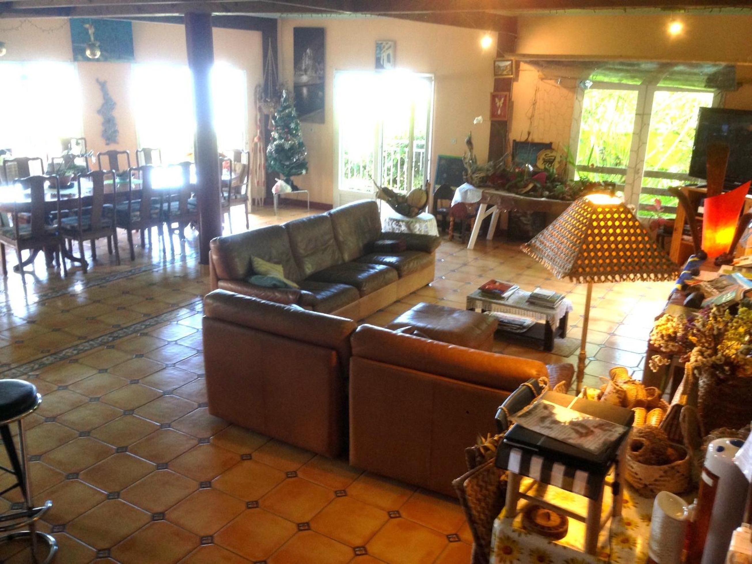 A spacious living area with a leather sofa, a dining table with chairs, and a Christmas tree.