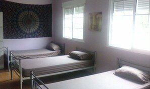 Habitación compartida con dos camas individuales, una ventana y un tapiz en la pared.