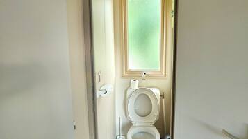 Kylpyhuone, jossa on wc, ikkuna ja ovi.