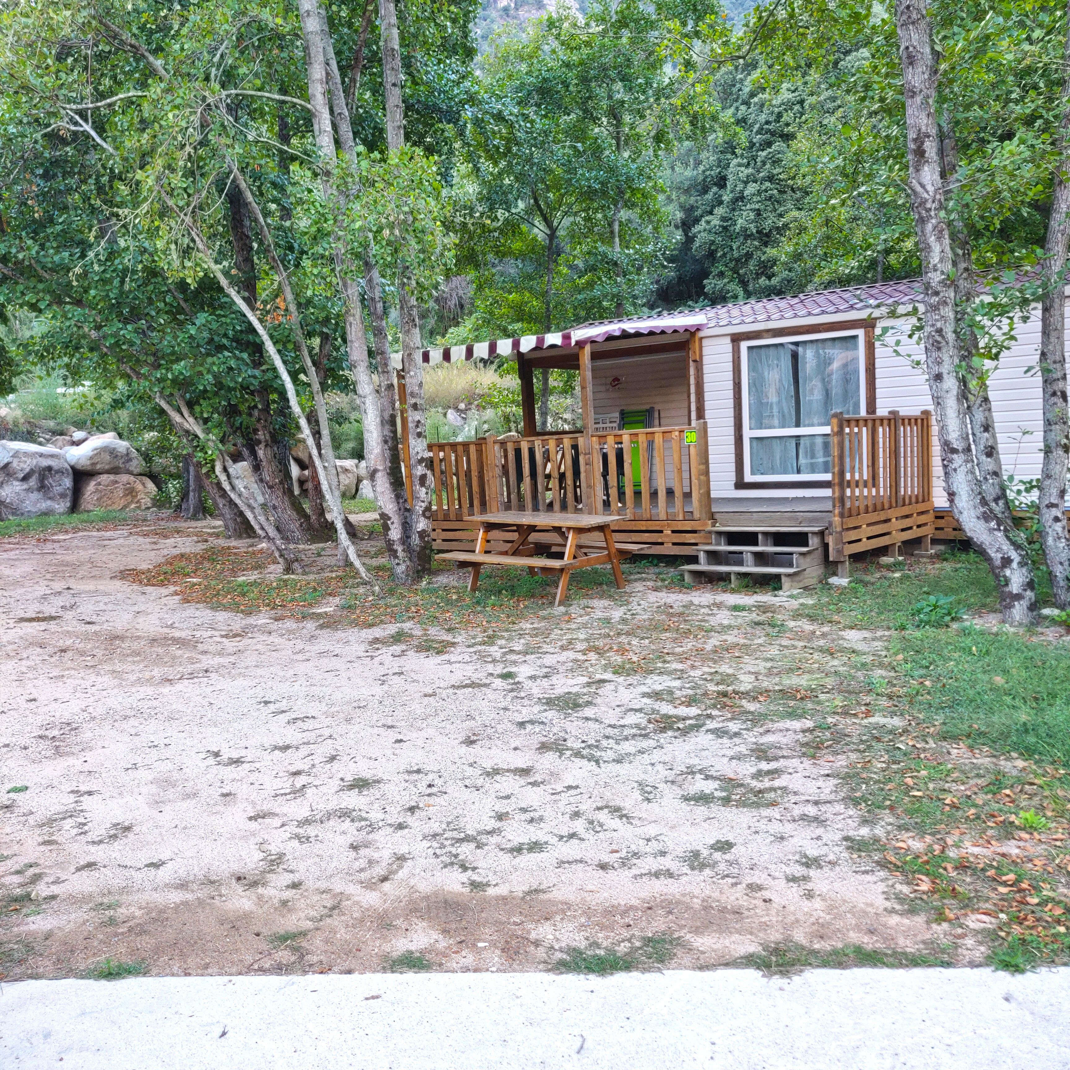 A small cabin with a porch and a large window, surrounded by trees and a gravel path.