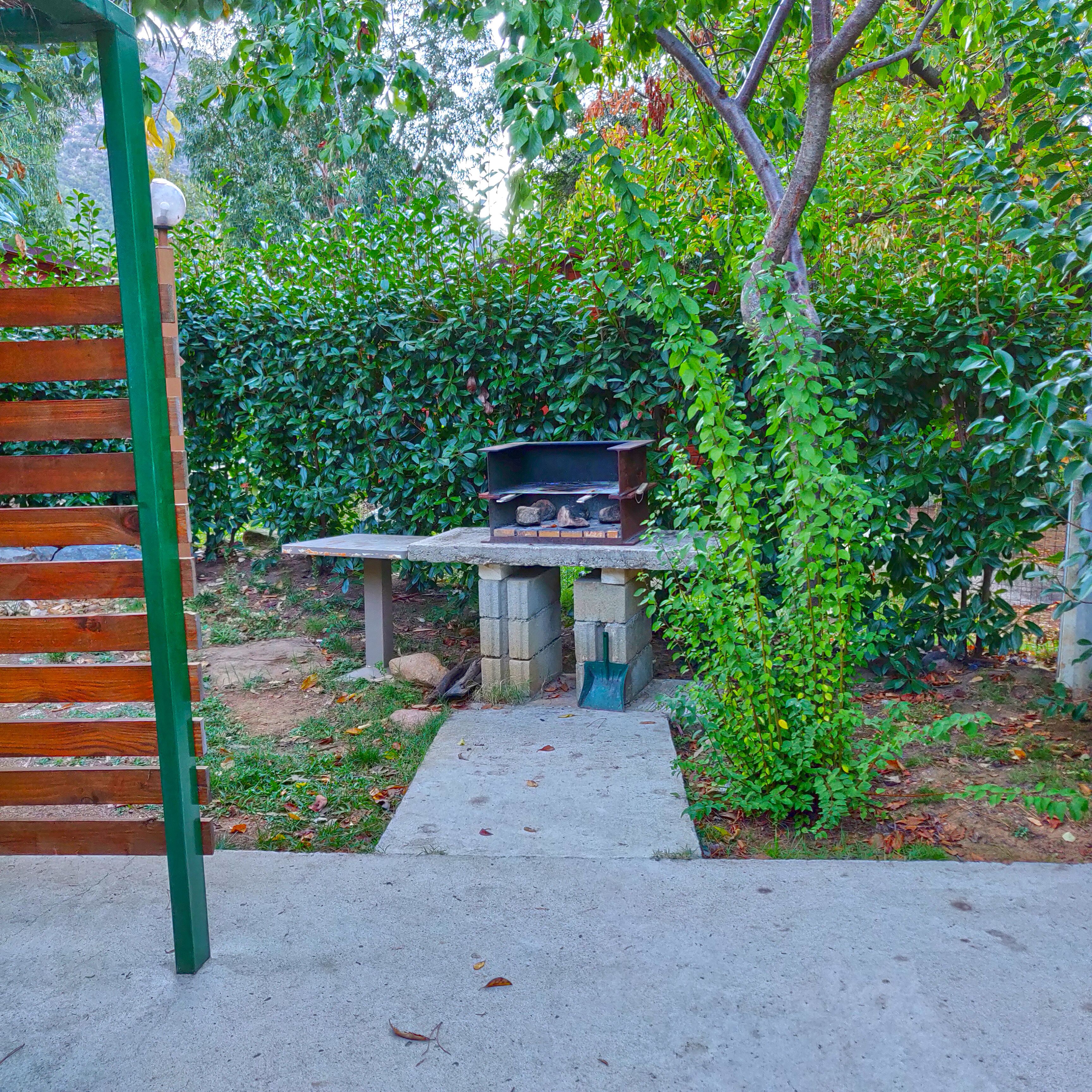 A concrete barbecue area with a stone table and grill, surrounded by dense green foliage.