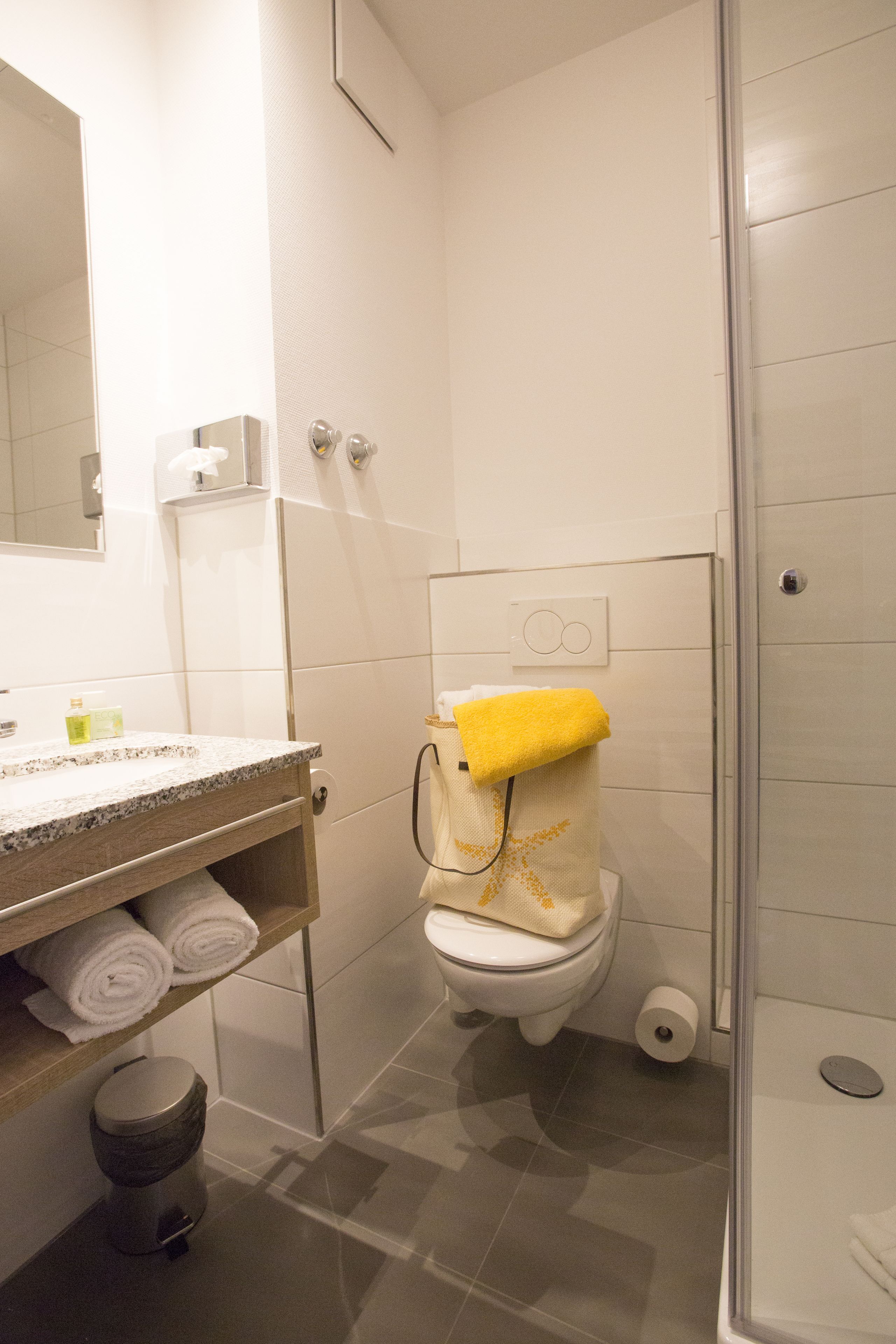 Un baño con inodoro, ducha y lavabo con toallero.