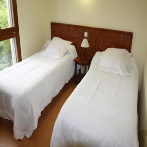 Habitación de hotel con dos camas individuales, cabecero de madera, mesita de noche con lámpara y ventana con vistas a la vegetación.