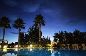 Ein Poolbereich bei Nacht mit Palmen, Liegestühlen und einem klaren Himmel.