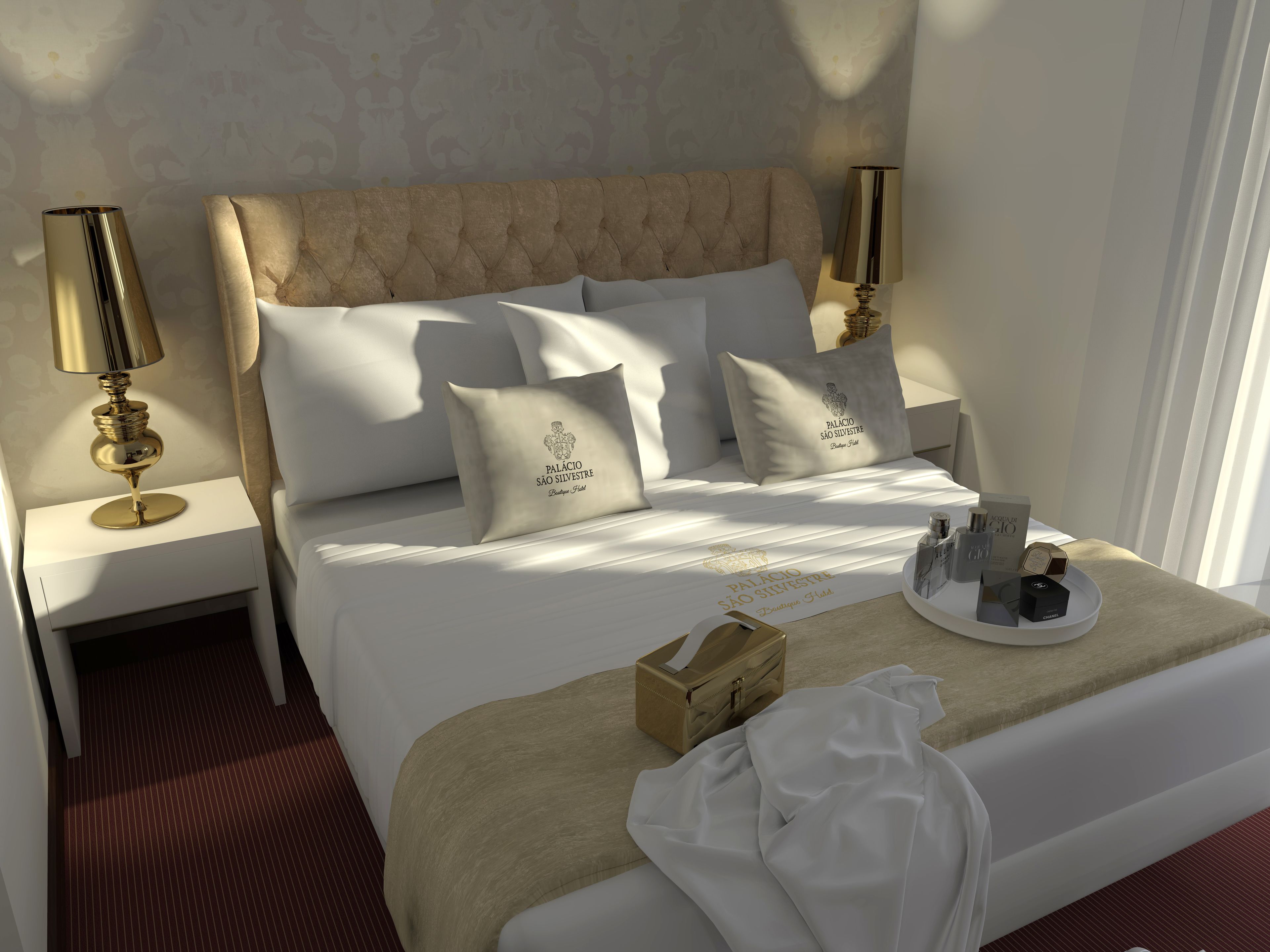 A hotel room with a large bed, two bedside tables with lamps, a tray with toiletries, and a robe on the bed.