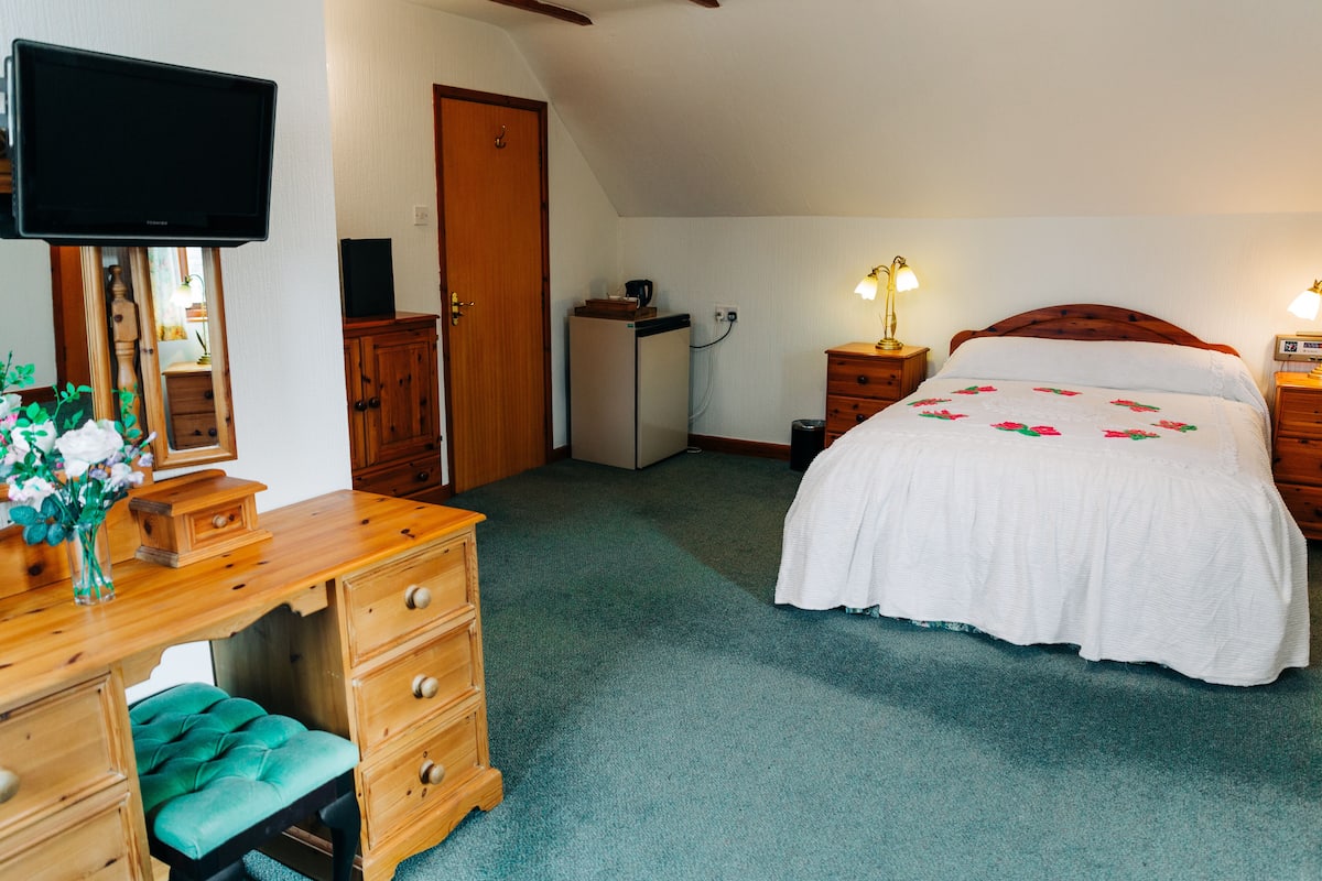 A bedroom with a bed, a desk, a dresser, a television, and a small refrigerator.