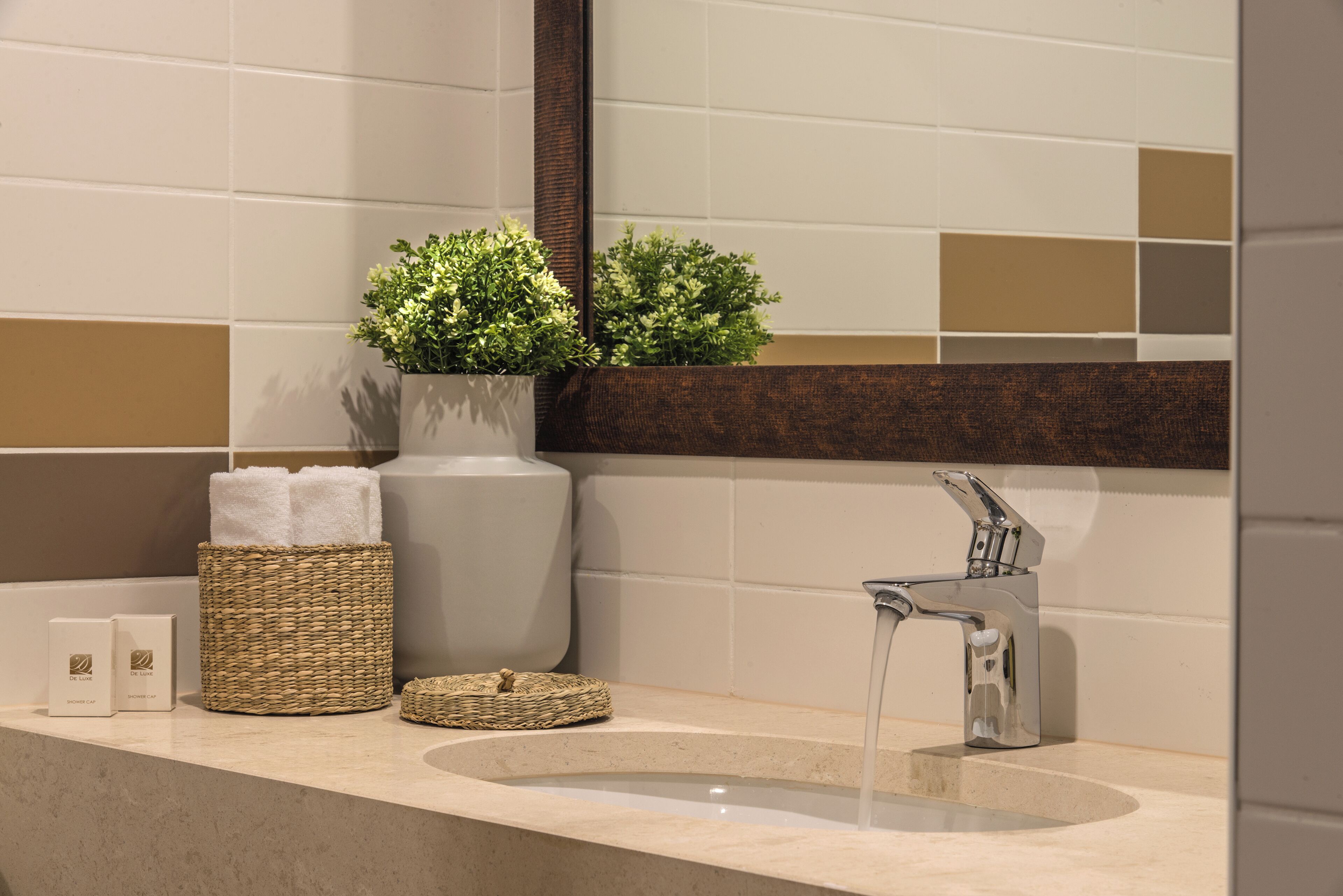 A bathroom with a sink, a mirror, and a potted plant.