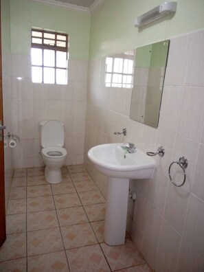 A bathroom with a toilet, sink, and mirror. - Kenmosa Resort (Eldoret)