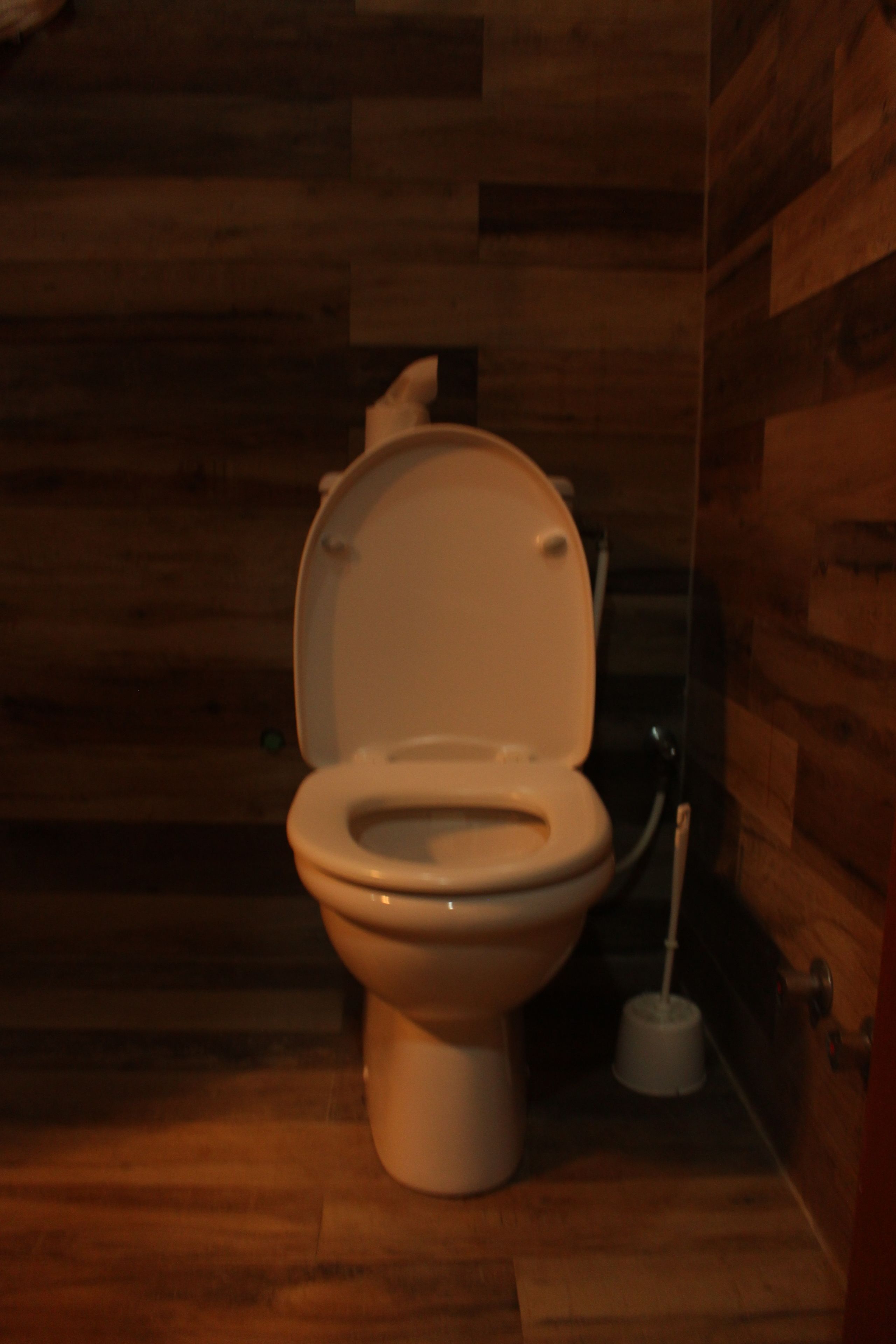 Een toilet in een kamer met houten lambrisering.