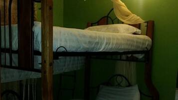 A bunk bed room with green walls, a mosquito net, and a small bedside table.