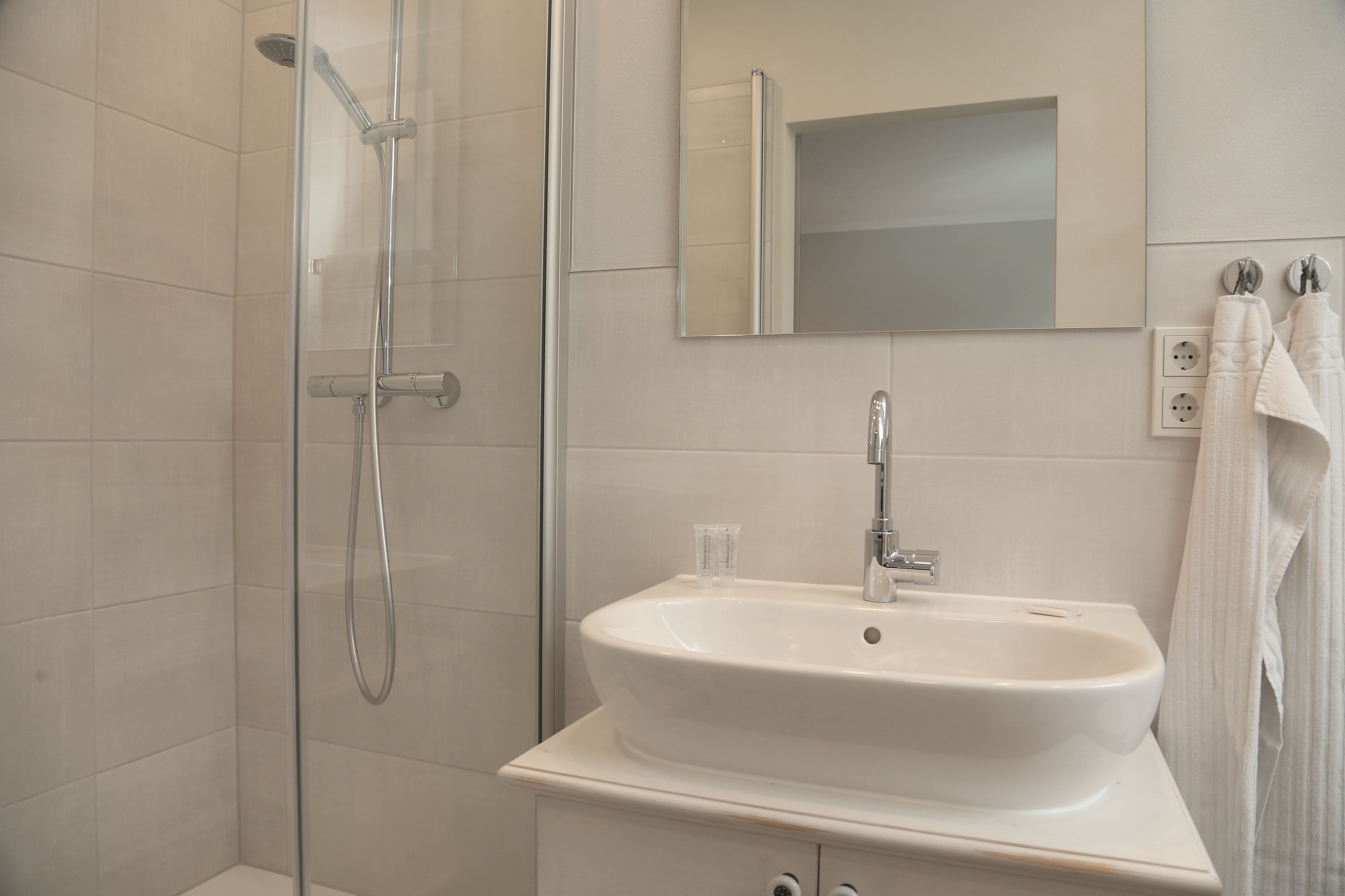 A bathroom with a glass shower enclosure, a white sink, and a mirror above the sink.