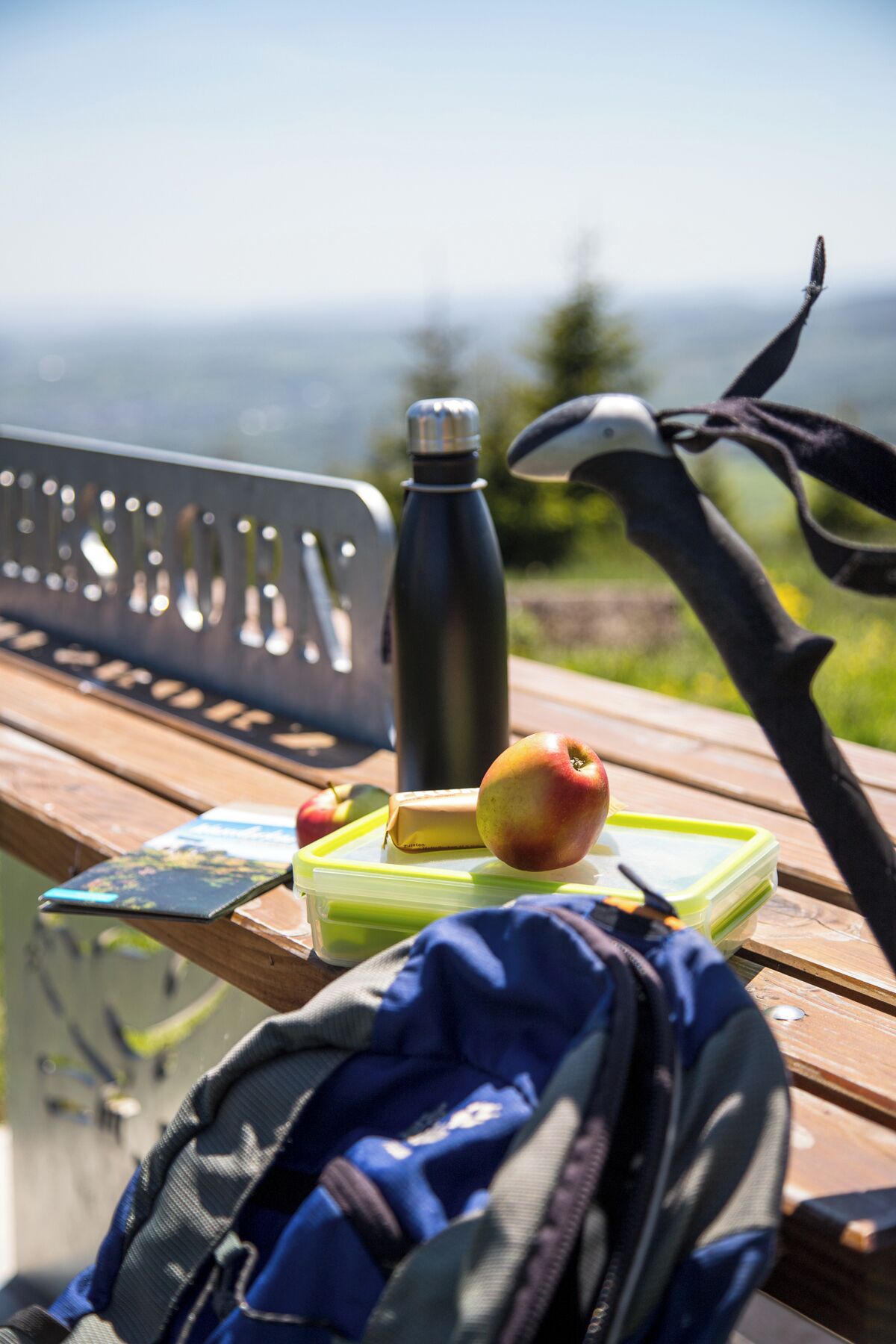 Een picknickopstelling met een waterfles, appels, een boek en een rugzak op een houten bank.