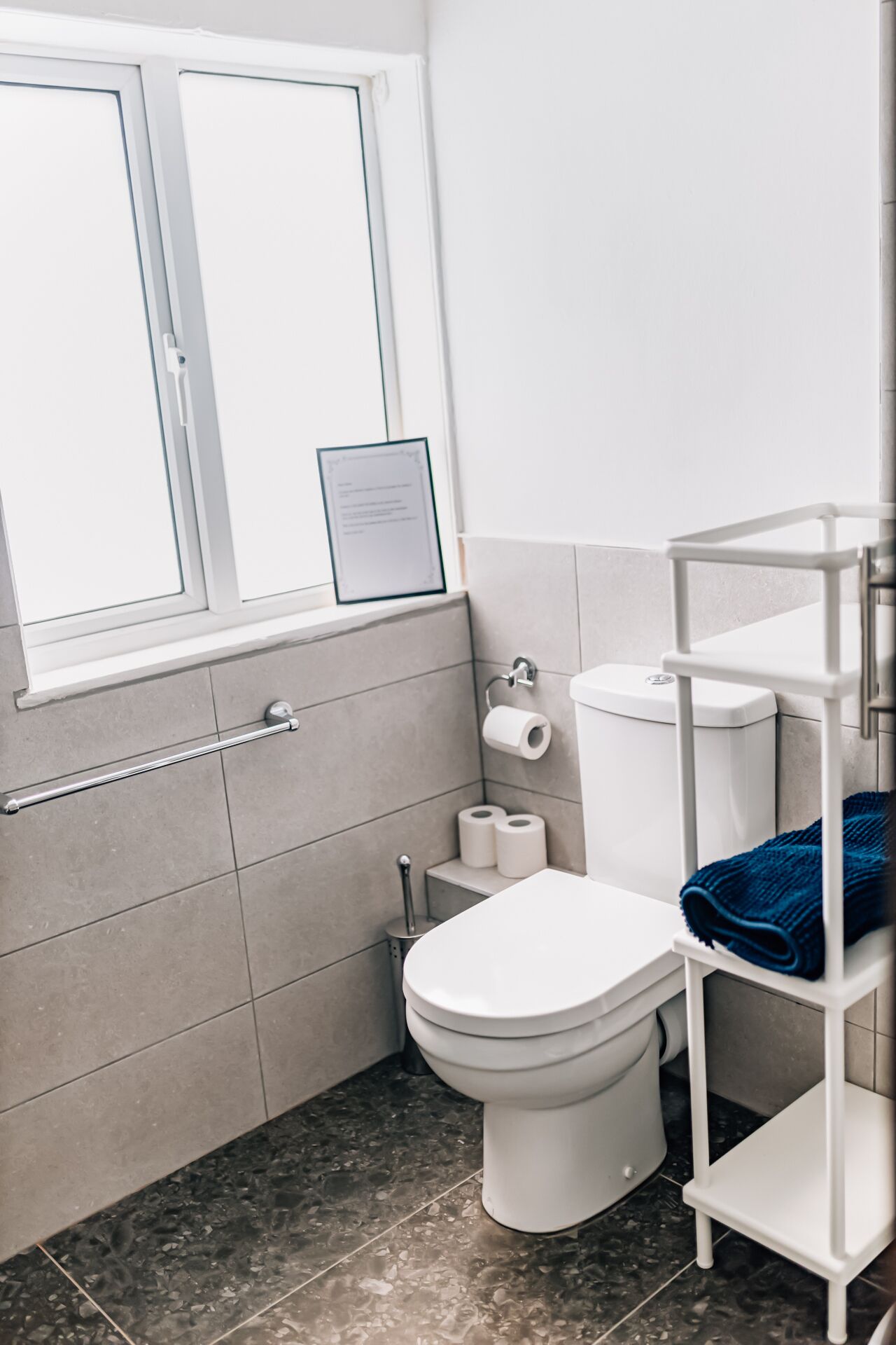 A bathroom with a toilet, a towel rack, and a window.