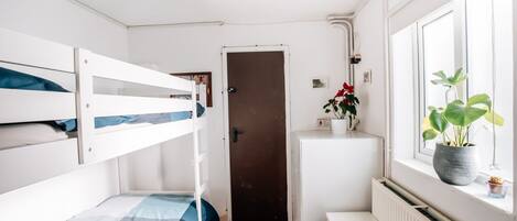 A small, compact room with bunk beds, a radiator, a window with a plant, and a door leading to another room.