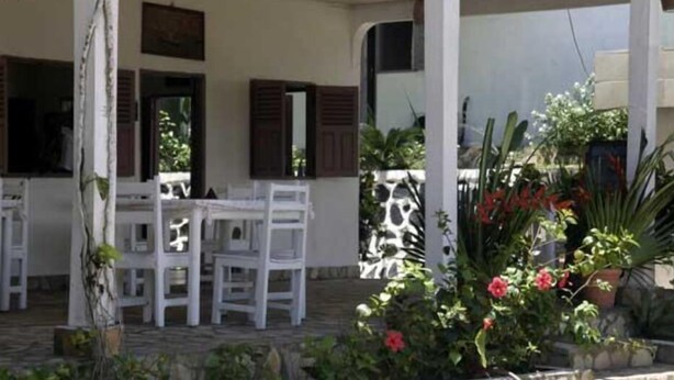 Un área de estar al aire libre con techo, con sillas y mesas blancas, rodeada de macetas con plantas y flores.