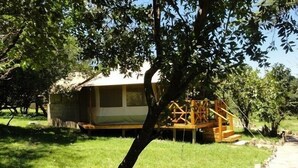 Ein Mobilheim mit einer Veranda und einem überdachten Außenbereich, umgeben von Bäumen und Gras.