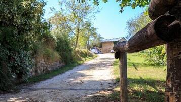 Un chemin de gravier bordé d’un poteau en bois et d’un mur de pierres d’un côté.