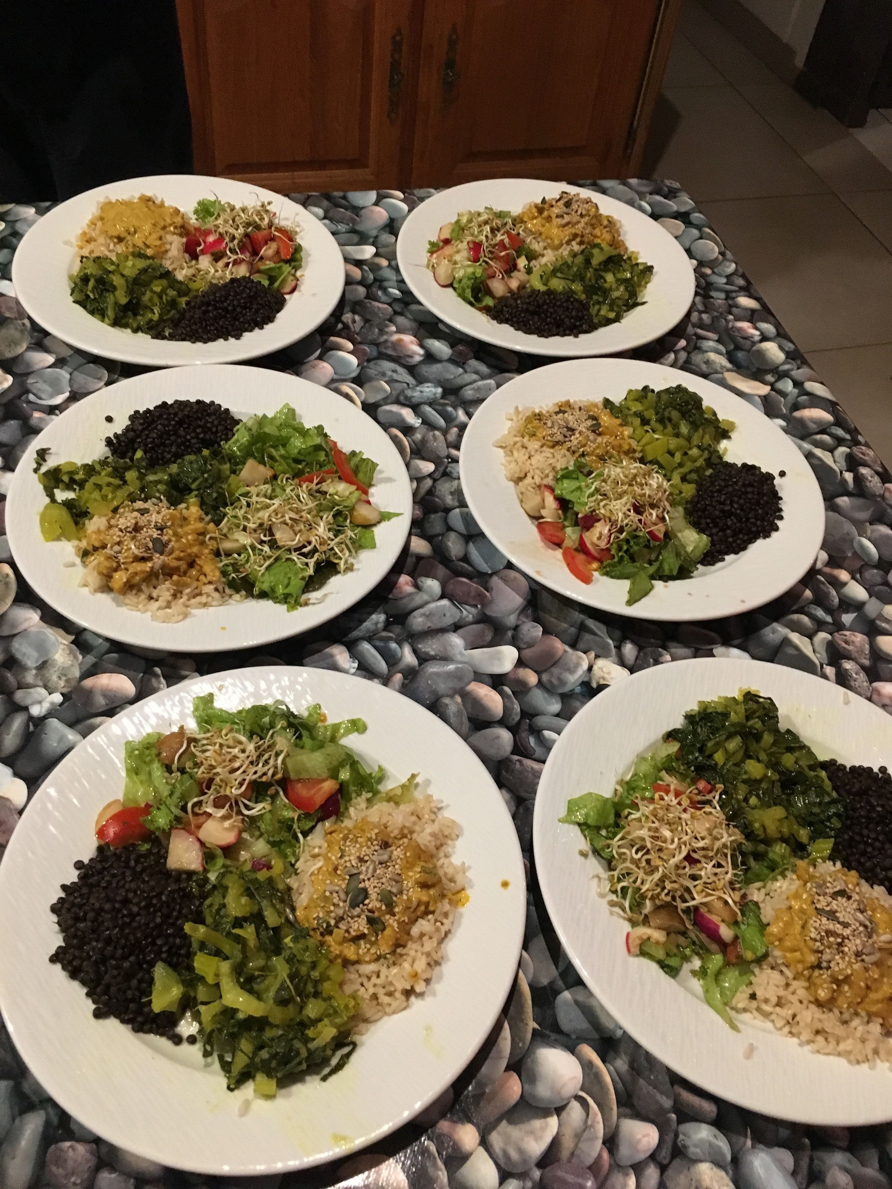 A table with six plates of food, each containing a variety of vegetables and grains, arranged on a stone-tiled surface.